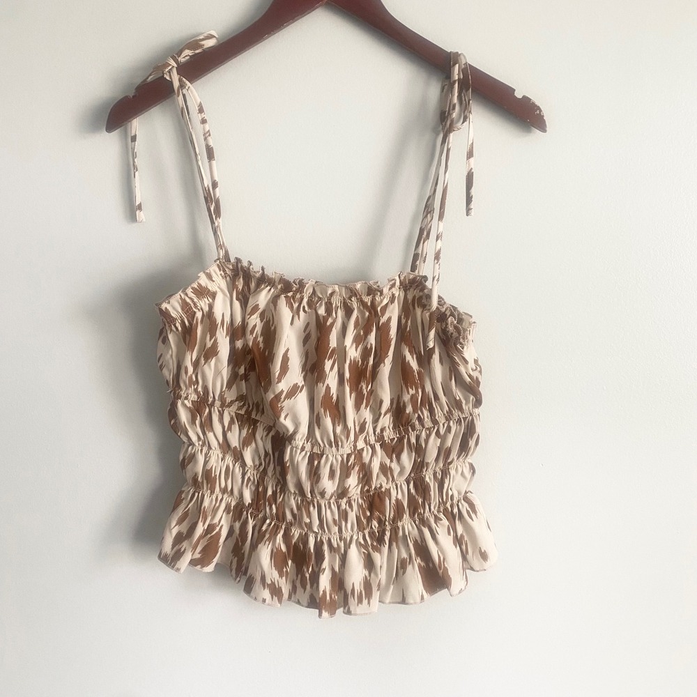 Lucca Lovely Blush White Brown Animal Print Rouched Tie Strap Tank Small NWT